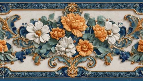 Ornate bas-relief panel features deeply carved floral elements with blue and gold accentuation