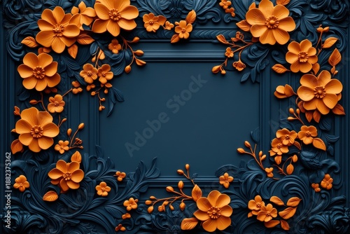 Ornate three dimensional floral border frames a deep blue central panel