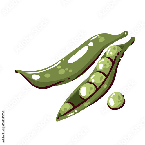Green peas vegetable with pods and fresh peas inside, ripe garden peas for cooking and salads, legume vegetable food, peas ingredient, healthy nutrition, cartoon vector illustration