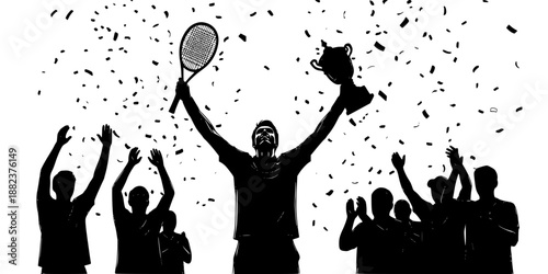 A victory pose: a player on one knee, fist pumped, celebrating a championship win