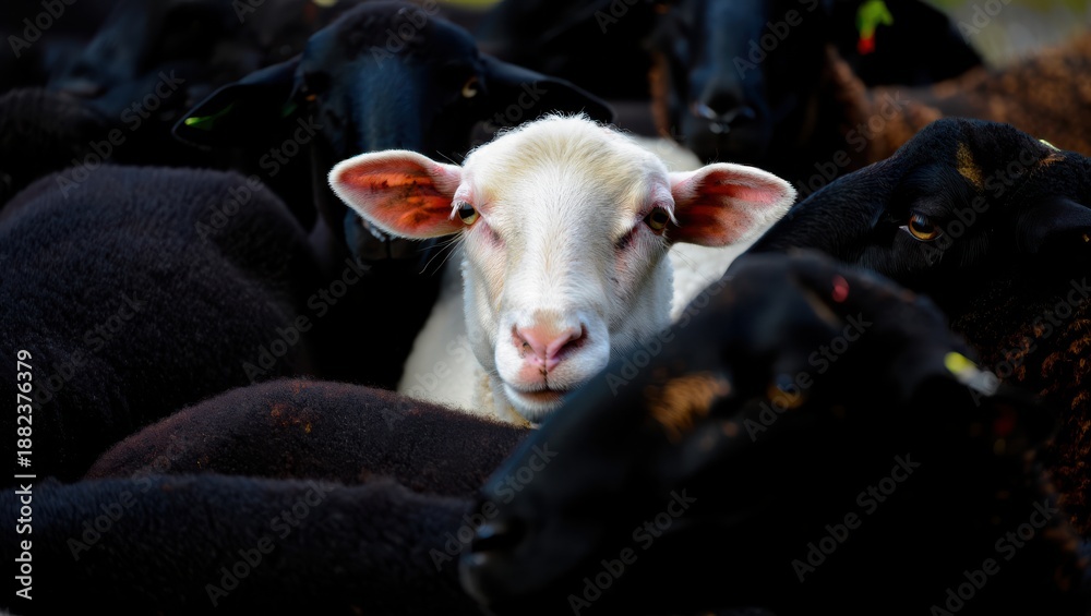 Fototapeta premium A white sheep is prominently positioned among a cluster of black sheep, showcasing its distinct color and features, creating a striking visual contrast in a natural pasture setting