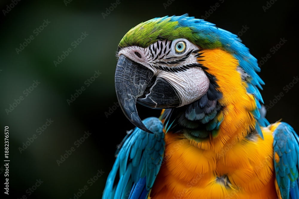 Fototapeta premium A striking macaw with bright blue and yellow feathers is perched gracefully, showcasing its intricate patterns and vibrant colors against a soft, dark background, highlighting its beauty