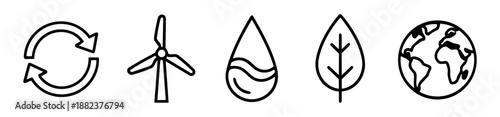 Sustainability & Environment Line Icons Set – Recycling, Wind Energy, Water, Leaf, Globe