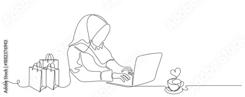 Continuous line drawing of a young professional Muslim business woman using a mobile digital tablet for work and online shopping.