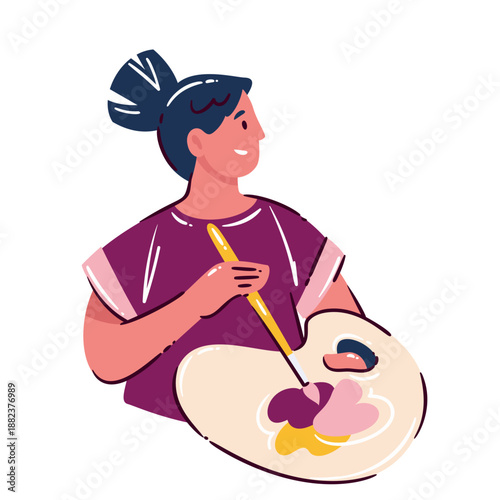 Artist designer character holding paint palette and brush. Creative designer figure, color mixing, painting tools, artistic workflow, cartoon vector illustration.