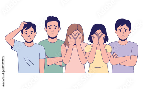 A group of people displaying various emotional expressions and body language in a cartoon style