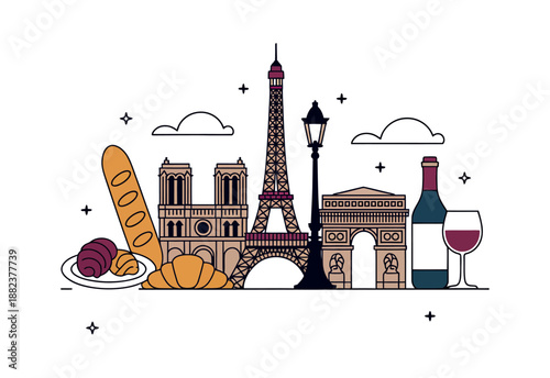 Charming Parisian skyline with iconic landmarks and delicious French pastries, wine, and bread.