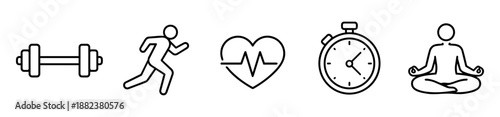 Fitness & Workout Line Icons Set – Dumbbell, Running, Heart Rate, Timer, Yoga