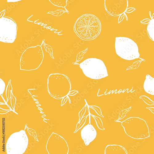 Hand drawn vector seamless pattern with illustrations of white lemons on yellow background in trendy whimsical style