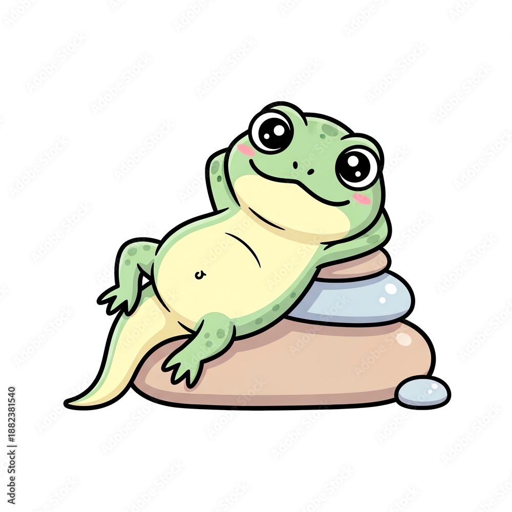 Fototapeta premium Cute Cartoon Gecko Relaxing on Zen Stones.