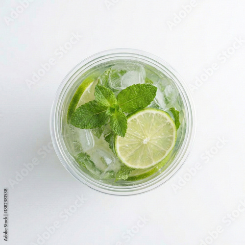 Lemon mint mojito in transparent takeaway cup with ice and lime slices – isolated angles on white background for menu and branding mockups V2