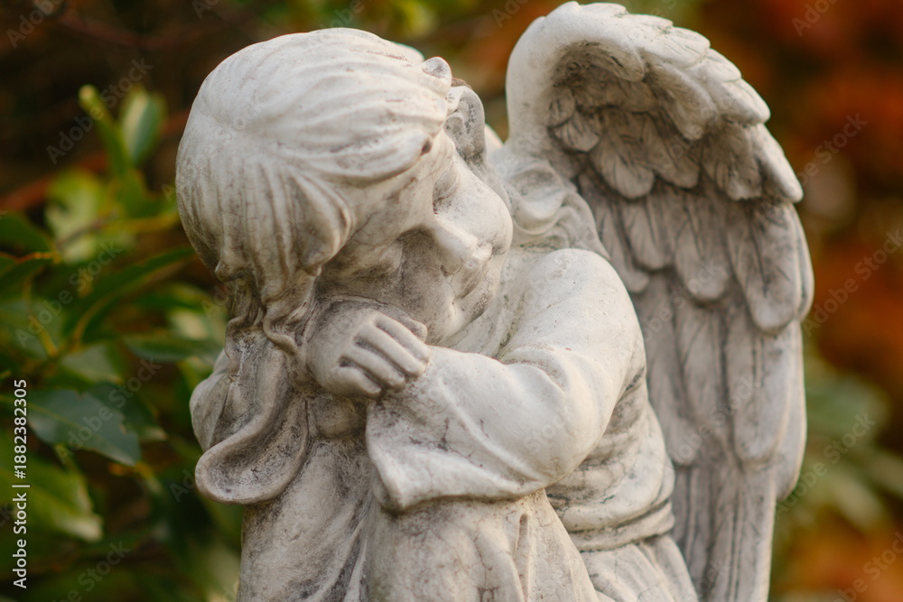 Obraz premium Close-up of weathered angel statue in a garden, stone sculpture with wings