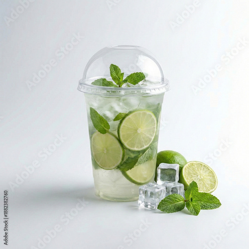 Lemon mint mojito in transparent takeaway cup with ice and lime slices – isolated angles on white background for menu and branding mockups V4