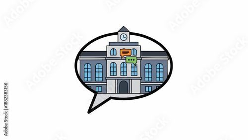 Colorful Building in Speech Bubble Icon.