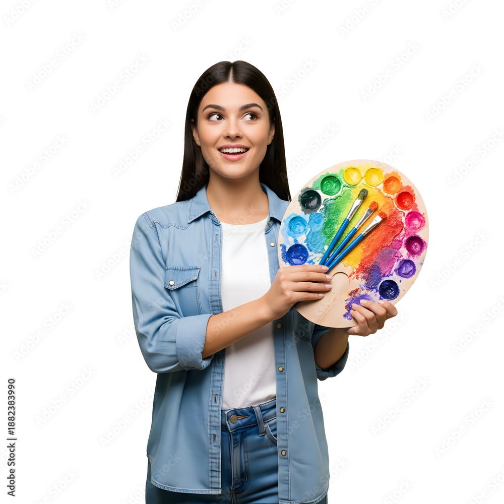Fototapeta premium A young woman is holding a colorful palette and brushes, wearing a blue shirt, looking away, likely an artist, isolated on transparent background