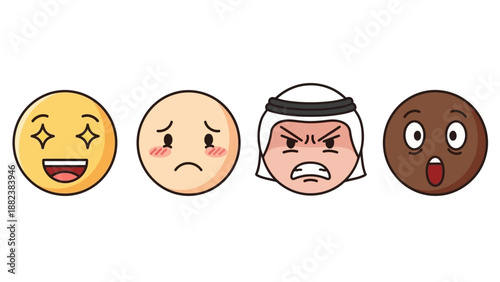 Four Different Cartoon Faces Showing Emotions.