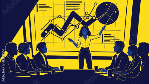 A business presentation with a woman pointing at a chart, engaging a team.