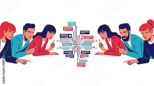 Illustration depicting people pointing at a central circuit board, symbolizing communication and technology.