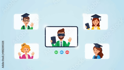 Illustration depicting a virtual classroom with students and a teacher using technology.