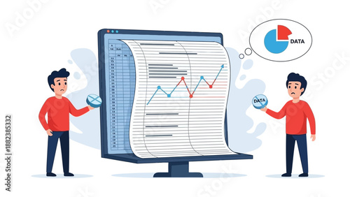 Two men analyzing data on a computer screen, with a chart and pie chart in thought bubbles.
