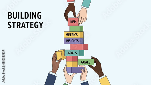 A visual representation of building a business strategy with hands stacking blocks.