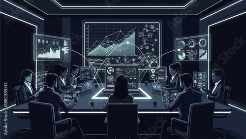A high-tech boardroom with people analyzing data on multiple screens, focused on business analytics.