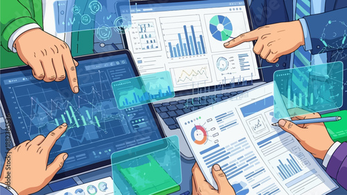 Business professionals analyzing financial data, charts, and graphs on various devices during a meeting.