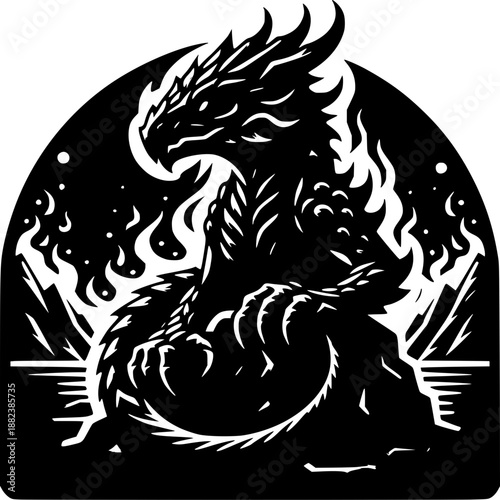 Eternal Guardian: A formidable dragon silhouette, wreathed in flames, surveys its domain from a mountainous perch. Depicting both power and mystique. 