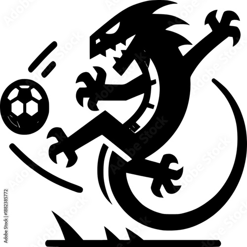 Dragon Kicking a Soccer Ball: A fierce dragon, with a powerful stance, kicks a soccer ball. This dynamic illustration shows the energy and excitement of sports.