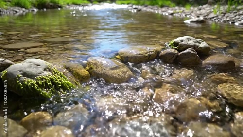 Underwater Detail A shot slightly submerged or through clear water, revealing smooth pebbles and subtle current, with light distortions on the surface.