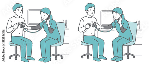 スクラブを着た女性医療従事者（医師・看護師）による男性の聴診イラストセット（正常・異常/体調不良）