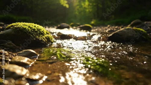 Streamlet Water Flowing Over Mossy Rocks A ground-level shot of a streamlet gently flowing over ancient, moss-covered river stones and pebbles, with intricate 'streamlet sparkle' as the water