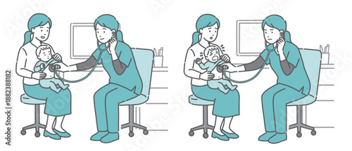 スクラブを着た女性医療従事者（医師・看護師）による赤ちゃんと母親の聴診イラストセット（正常・異常/体調不良）