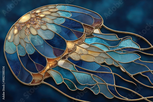 An artistic illustration of a jellyfish, executed in the style of stained glass or glass mosaic with a delicate metallic outline.  