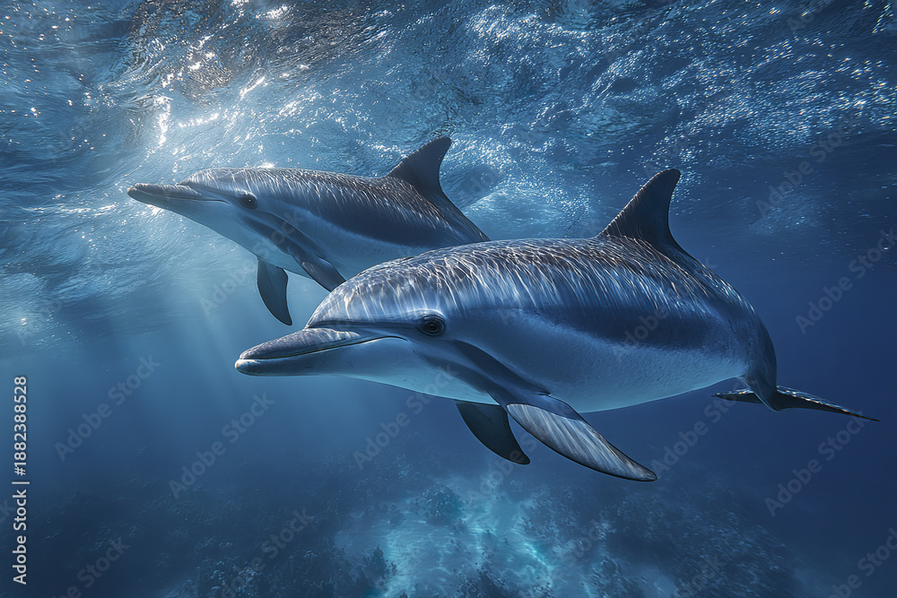 Fototapeta premium Pair of dolphins gliding through open ocean with sunlight filtering down, showing smooth skin and synchronized swimming in clear blue water