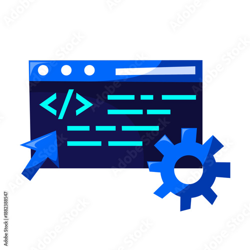A vector illustration of a code window combined with arrow and gear icons, representing program execution and configuration. Suitable for programming, application systems, and technology development.