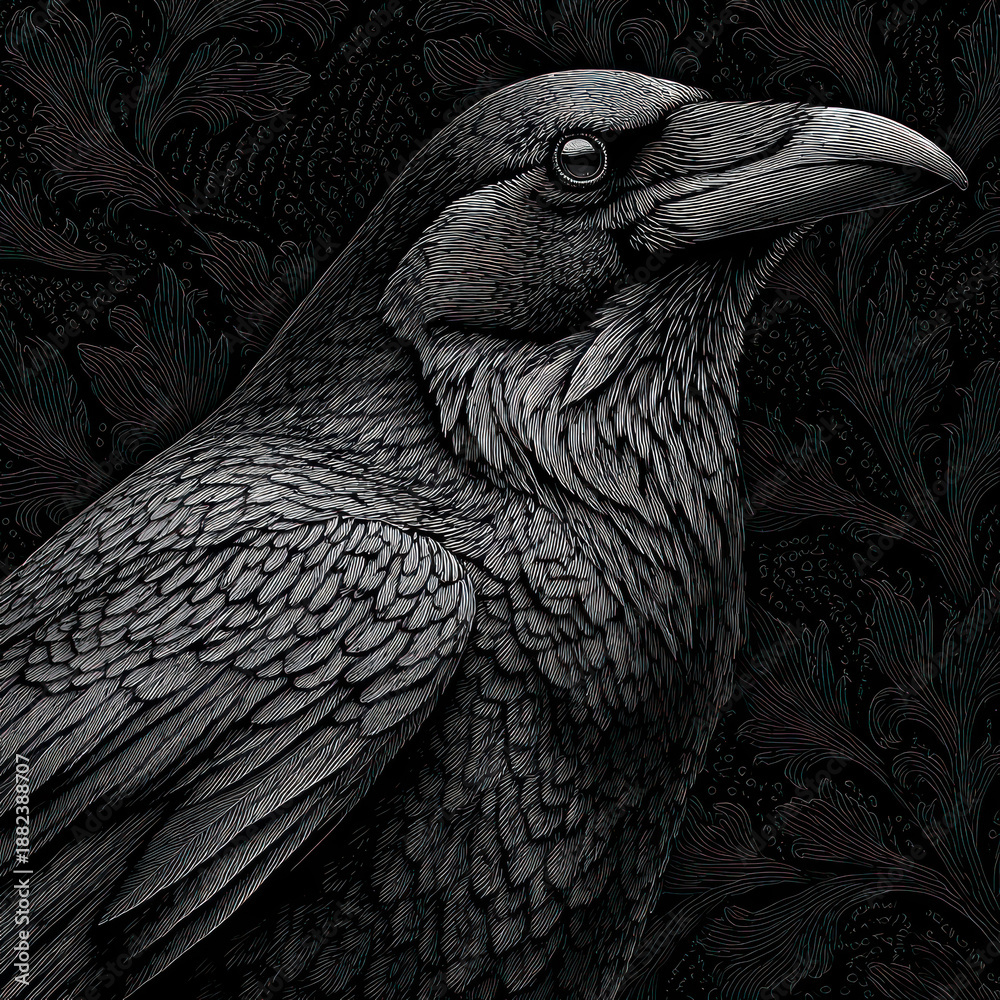 Fototapeta premium A highly detailed monochrome artistic illustration of a raven, executed using engraving technique. 