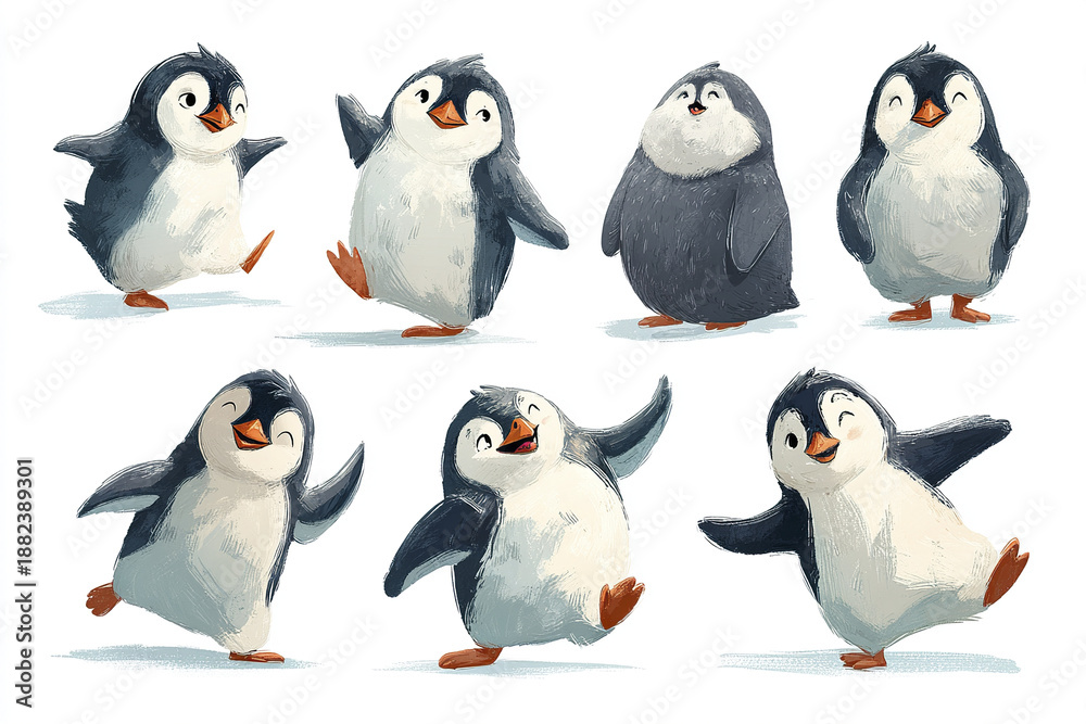 Obraz premium Cute penguin cartoon clipart set with dynamic poses, playful and joyful expressions, illustrated in flat style with soft brush strokes and vibrant colors
