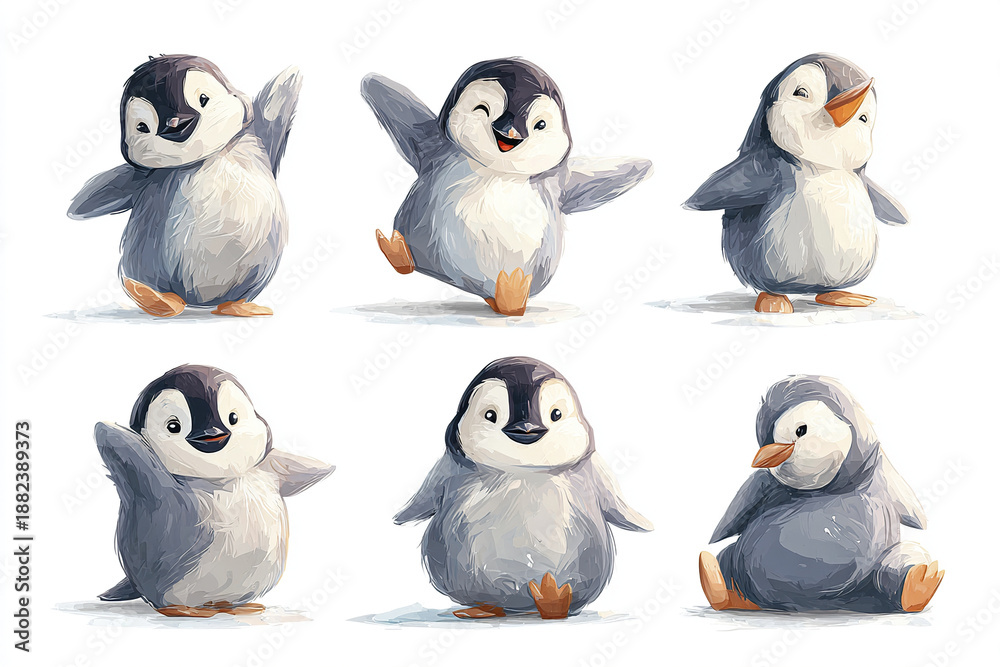 Obraz premium Cute baby penguin cartoon mascot pack with standing waving and sitting poses, playful and joyful expressions, perfect for fun and friendly design projects