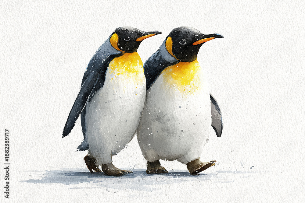 Obraz premium Two penguin couple walking together holding flippers hand painted watercolor style with soft texture and bright yellow chest detail on white background, charming and lively