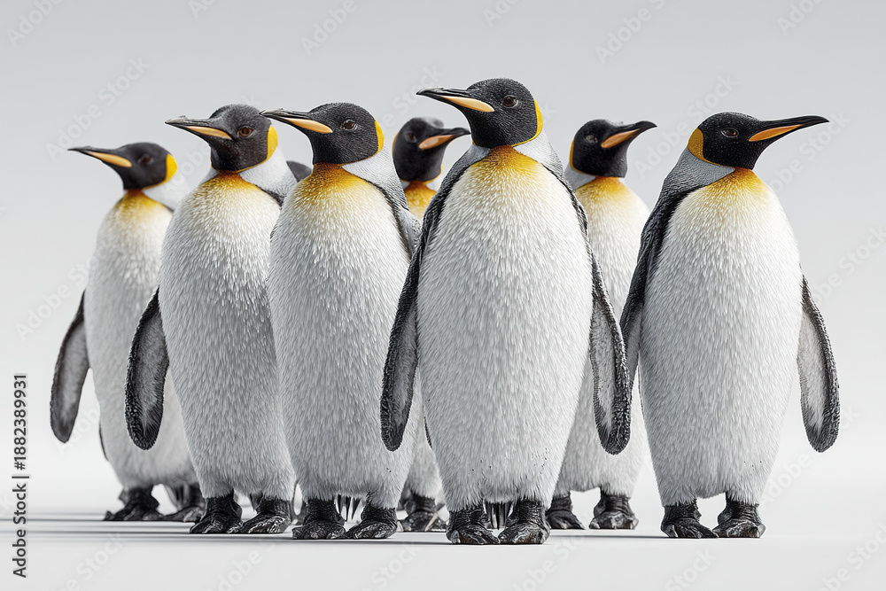 Fototapeta premium Penguin group standing in row with sharp detailed feathers and bright yellow markings on necks, showing natural posture and calm expression in clean white background