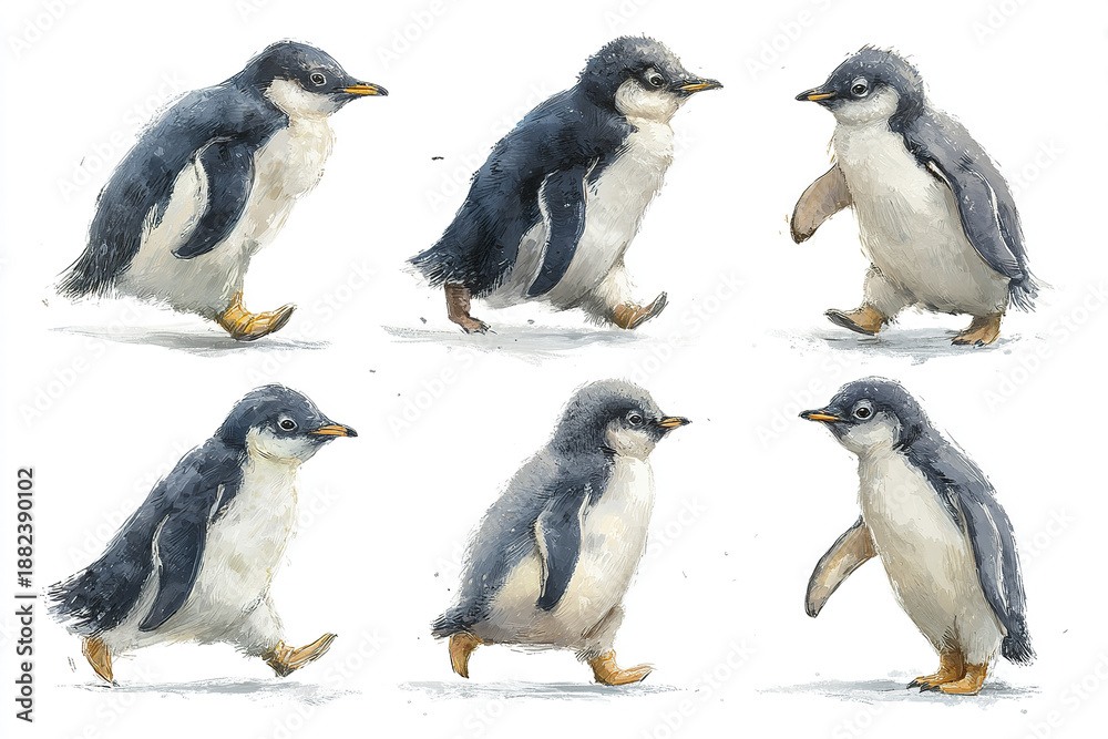 Fototapeta premium Penguin chick illustration pack showing different walking poses and growth stages with soft textured feathers and expressive movement in natural style