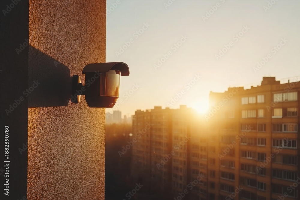 Fototapeta premium Modern Security Camera Mounted on a Balcony Overlooking an Urban Cityscape During a Golden Sunset