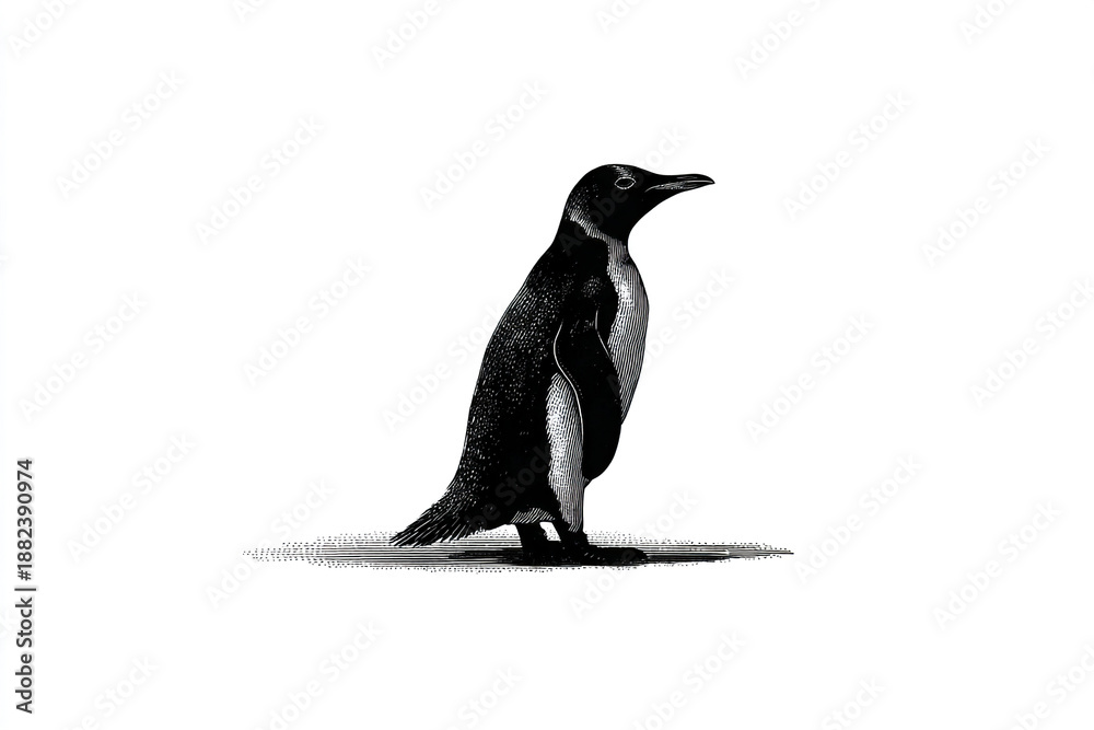 Fototapeta premium Penguin silhouette illustration in black and white with detailed shading and texture, standing on flat surface with clear and simple background