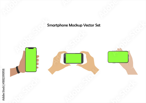 Smartphone mockup with green screen display held by hands in different positions. Flat vector illustration with chroma key screen for easy screen replacement.