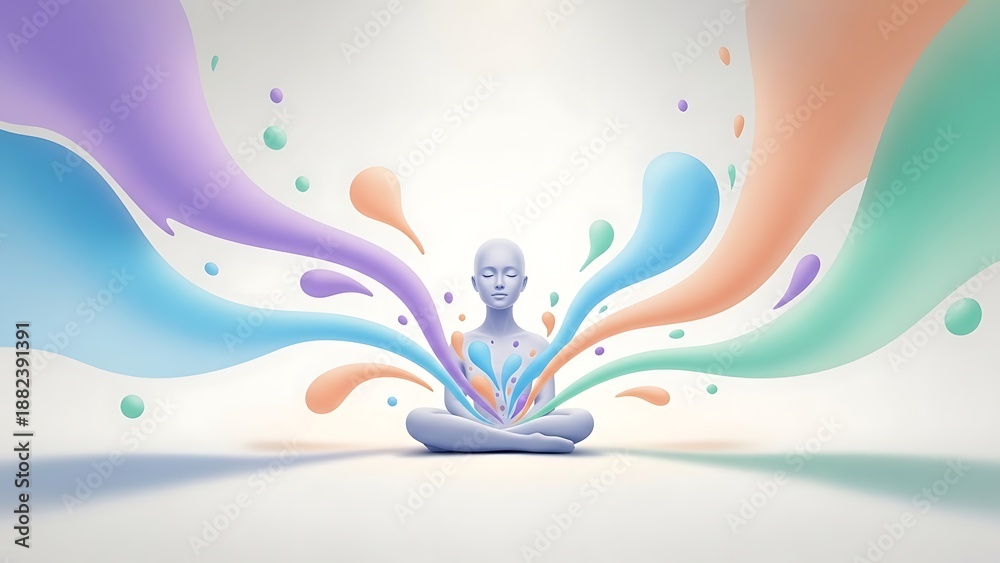 Obraz premium Serene figure meditating with a vibrant spectrum of colorful abstract fluid shapes emanating outwards, symbolizing inner peace and emotional balance