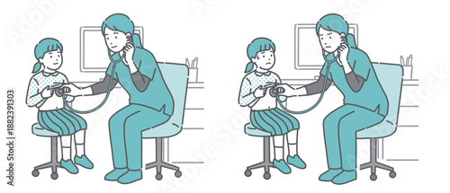 スクラブを着た女性医療従事者（医師・看護師）による女の子の聴診イラストセット（正常・異常/体調不良）