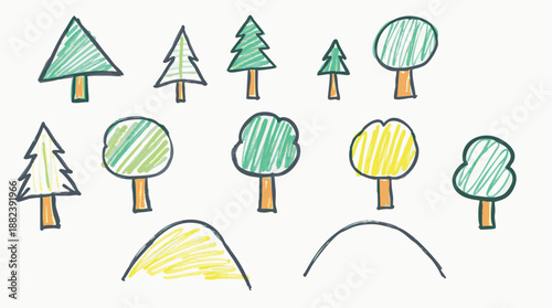 Simple Drawing of Trees and Hills in Nature