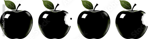 Black apple fruit illustration set showing whole and bitten apples, healthy food concept, minimalist vector design isolated on white background for nutrition and lifestyle themes