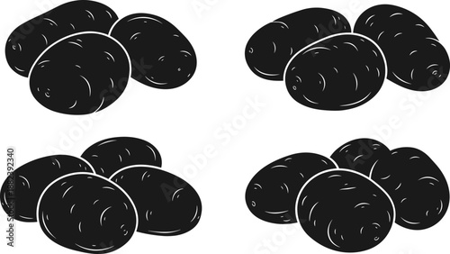 Black potato vector illustration set isolated on white background, minimalist flat food design, organic root vegetables clipart for packaging, branding, agriculture concepts